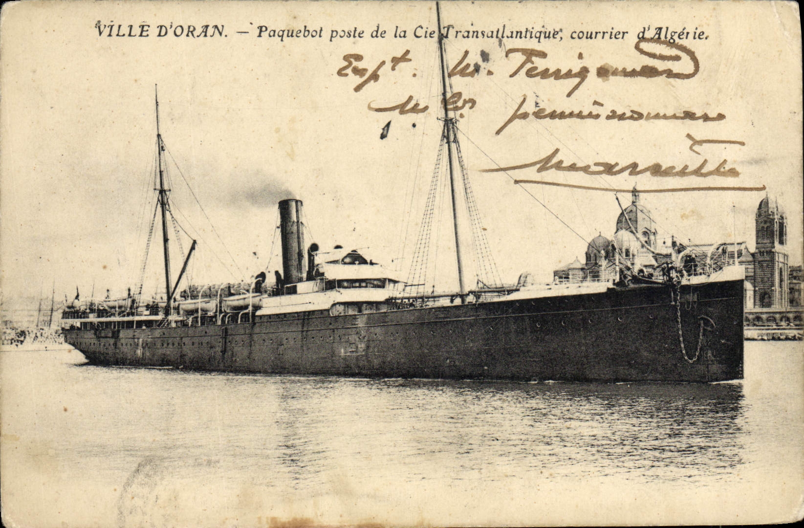 VINTAGE POSTCARD Bateau Town of Oran Paquebot Posts Transatlantic Co mail of Algeria