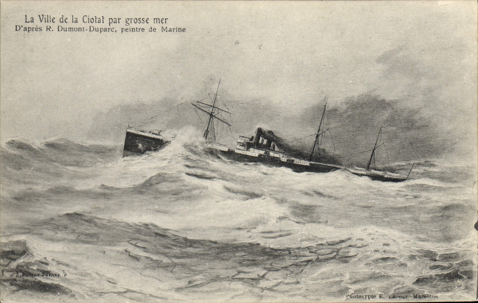 VINTAGE POSTCARD Boat Steamer the City of Ciotat by heavy sea