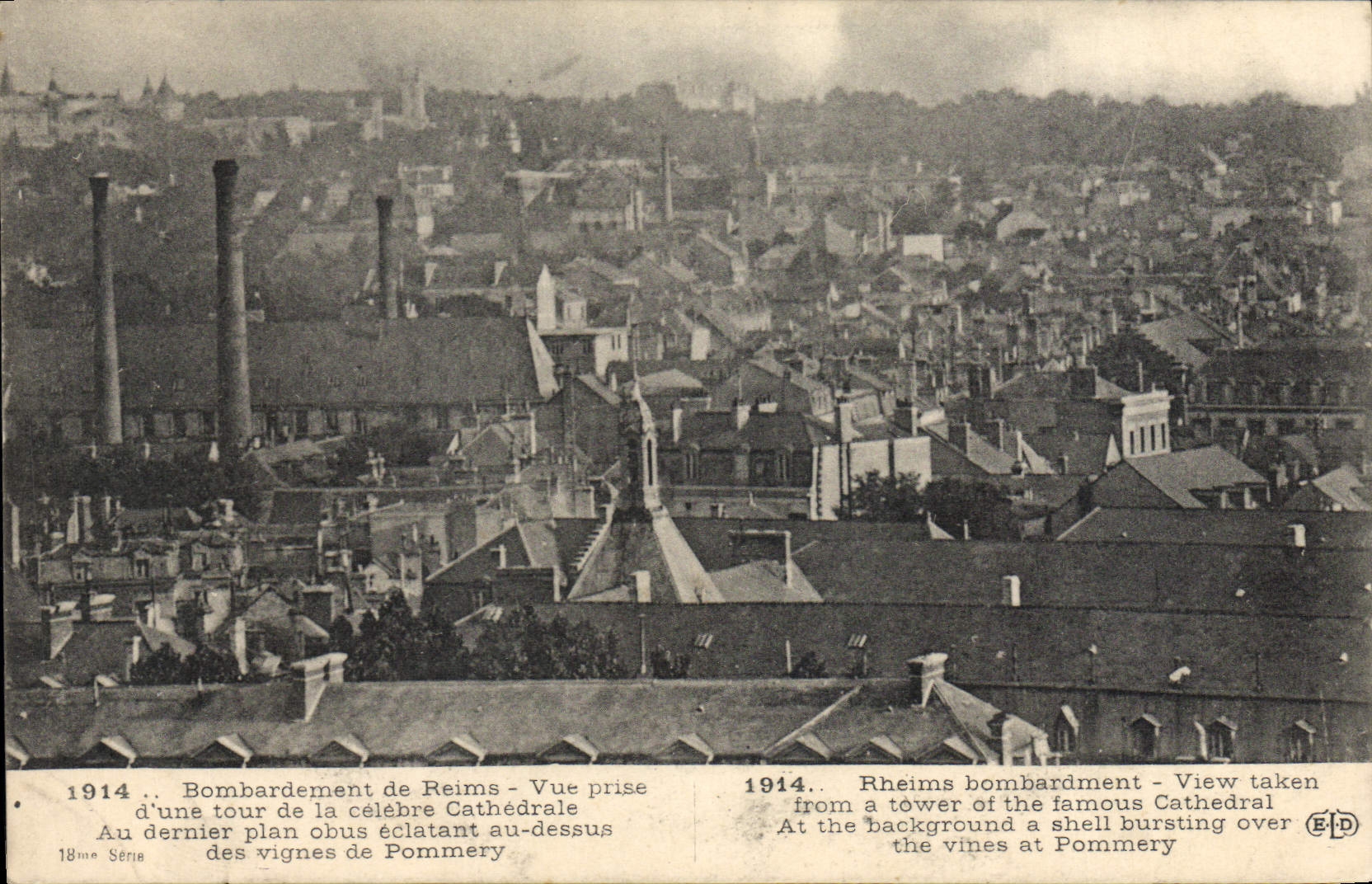 VINTAGE POSTCARD Militaria Bombardment of Rheims Seen from of a tower of the famous Pommery cathedral