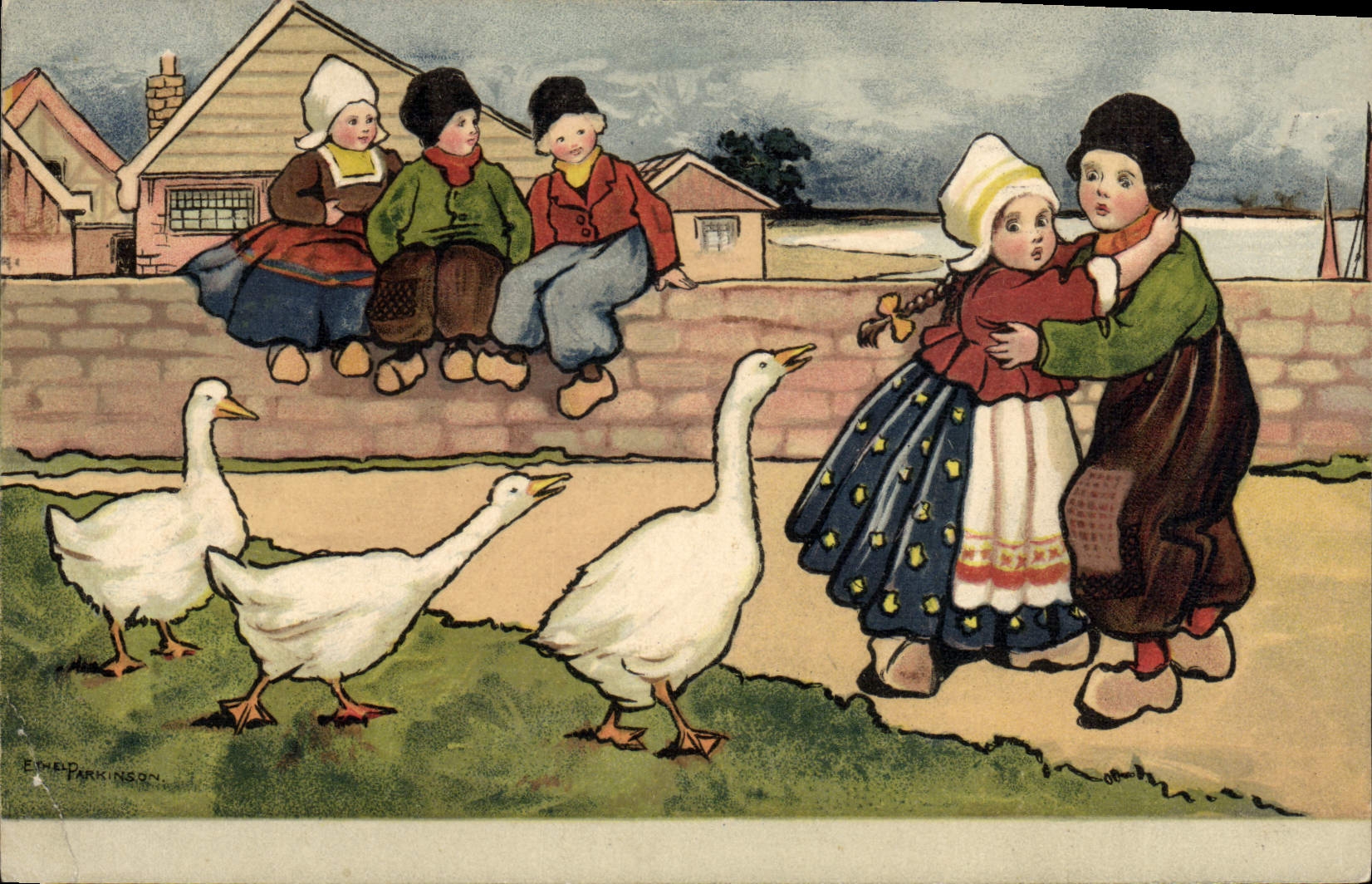 VINTAGE POSTCARD Fantasy Illustrator Children Parkinson Geese