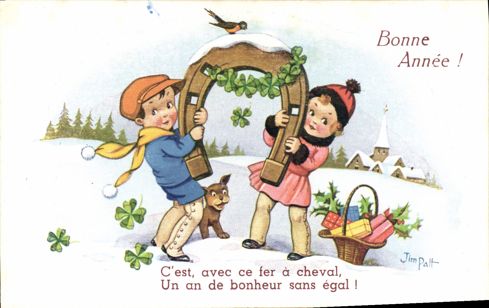 Herradura Chien de Jim Patt Enfant del ilustrador de Fantaisie de la POSTAL de la VENDIMIA