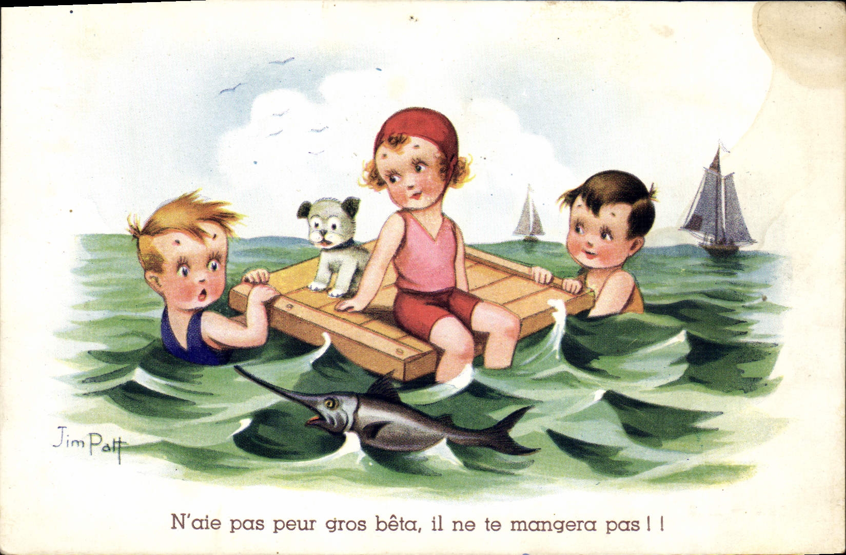 Peces espadas del perro de los niños de Jim Patt del ilustrador de la fantasía de la POSTAL de la VENDIMIA