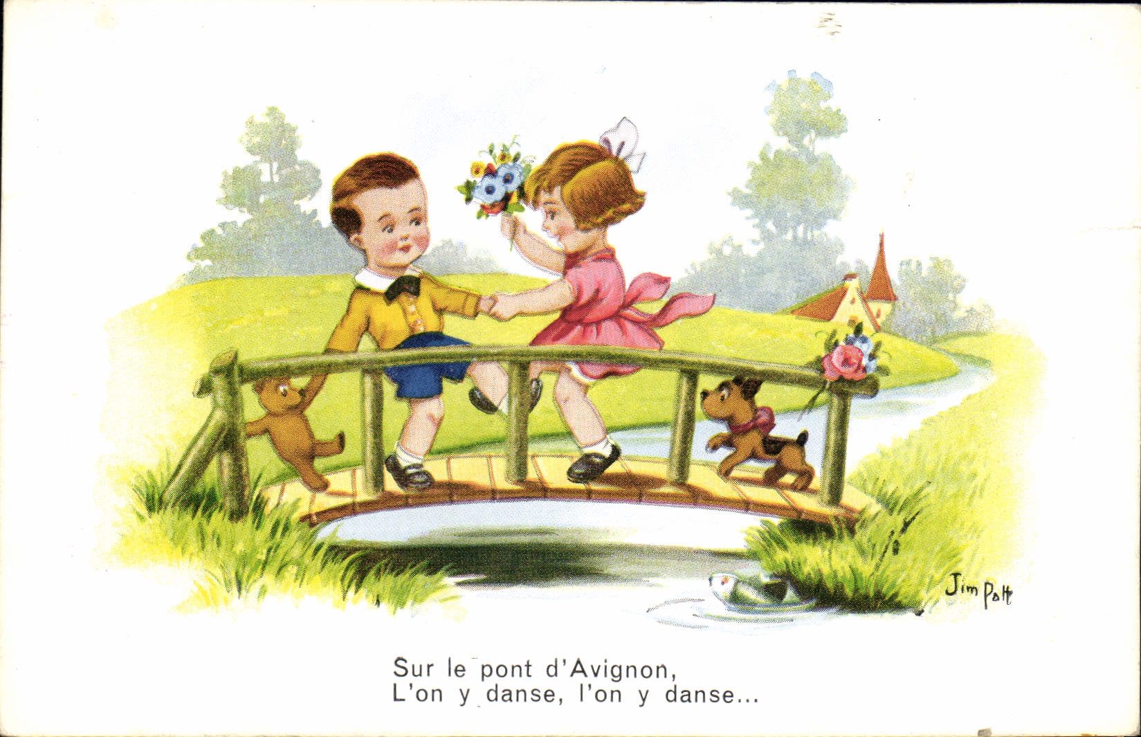 VINTAGE POSTCARD Fantasy Illustrator Jim Patt Children Dog Teddy bear