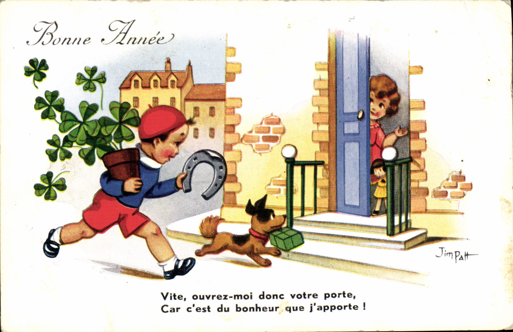 CPA Fantaisie Illustrateur Jim Patt Enfants Fer a cheval Chien