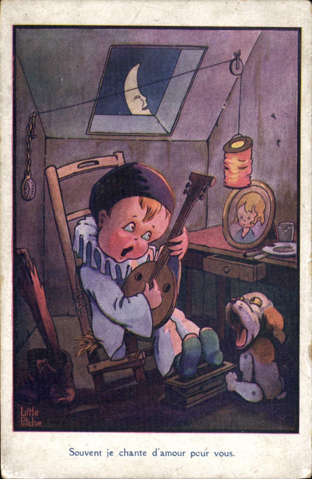 VINTAGE POSTCARD Fantasy Illustrator Little Pitche Child Pierrot Dog
