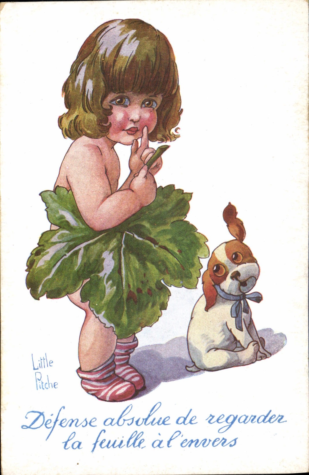 VINTAGE POSTCARD Fantasy Illustrator Little Pitche Child Vineleaf Dog