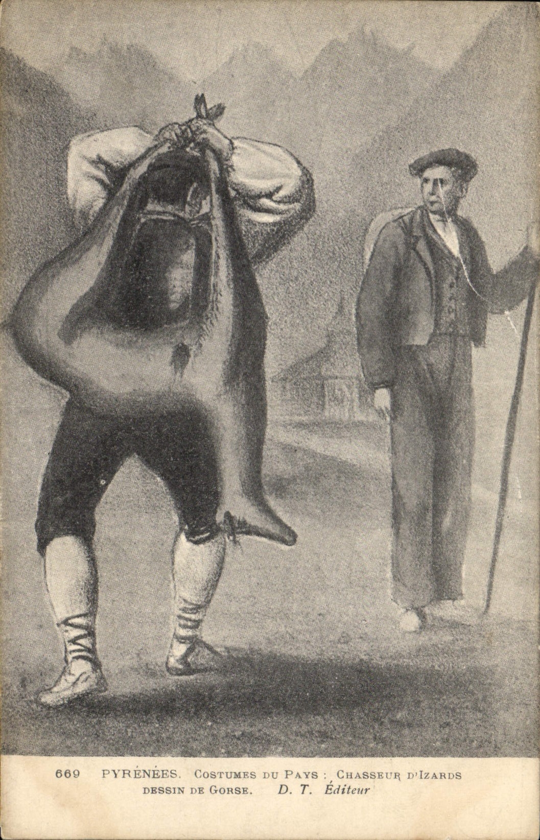 Folklore de la POSTAL de la VENDIMIA los trajes de Pyrenees de los cazadores del país del dibujo de Izards del Gorse