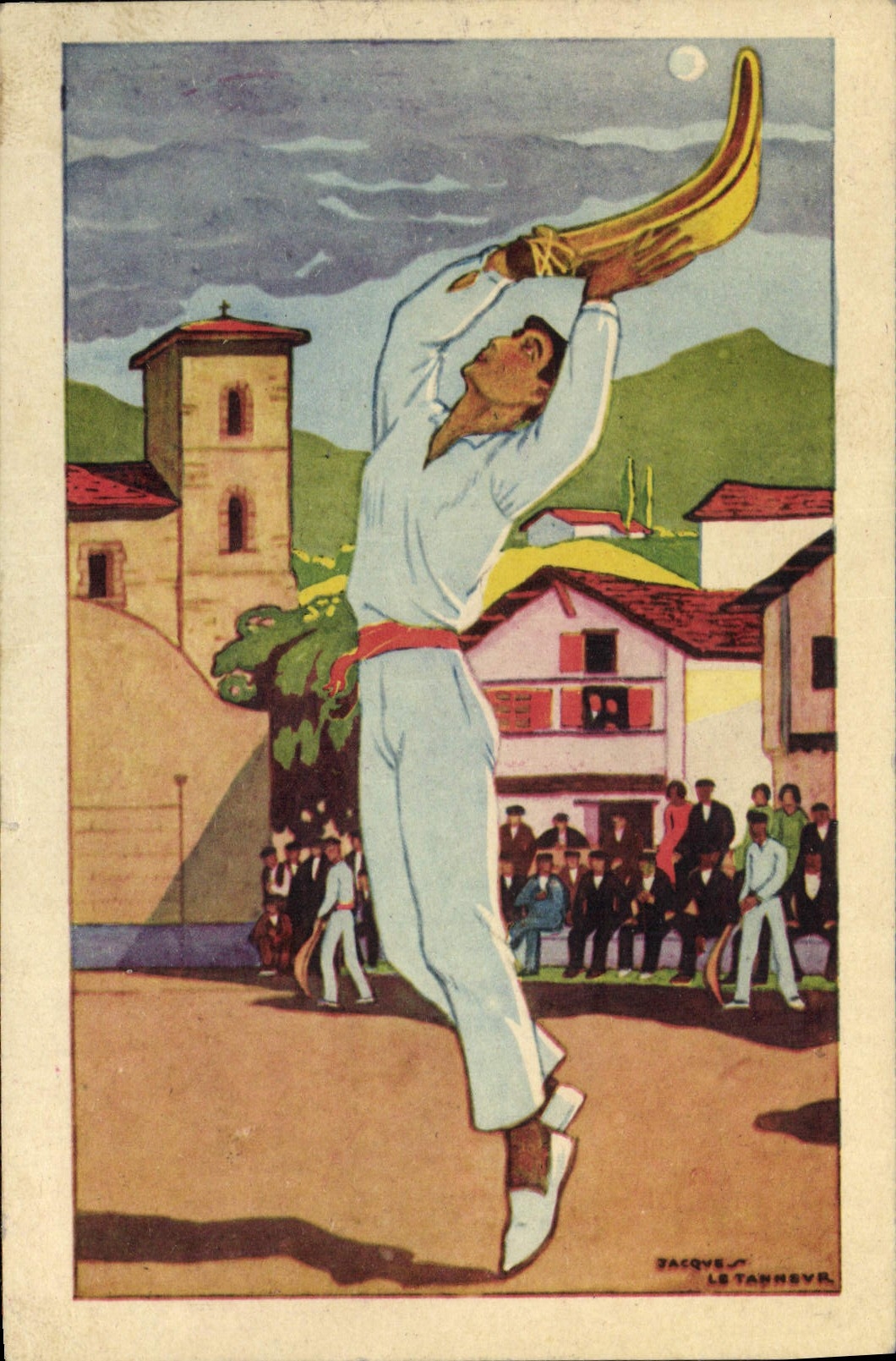El jugador del Pays Basque del folklore de la POSTAL de la VENDIMIA de la bola tiene Chistera según las gouaches originales de Jacques el Tanner