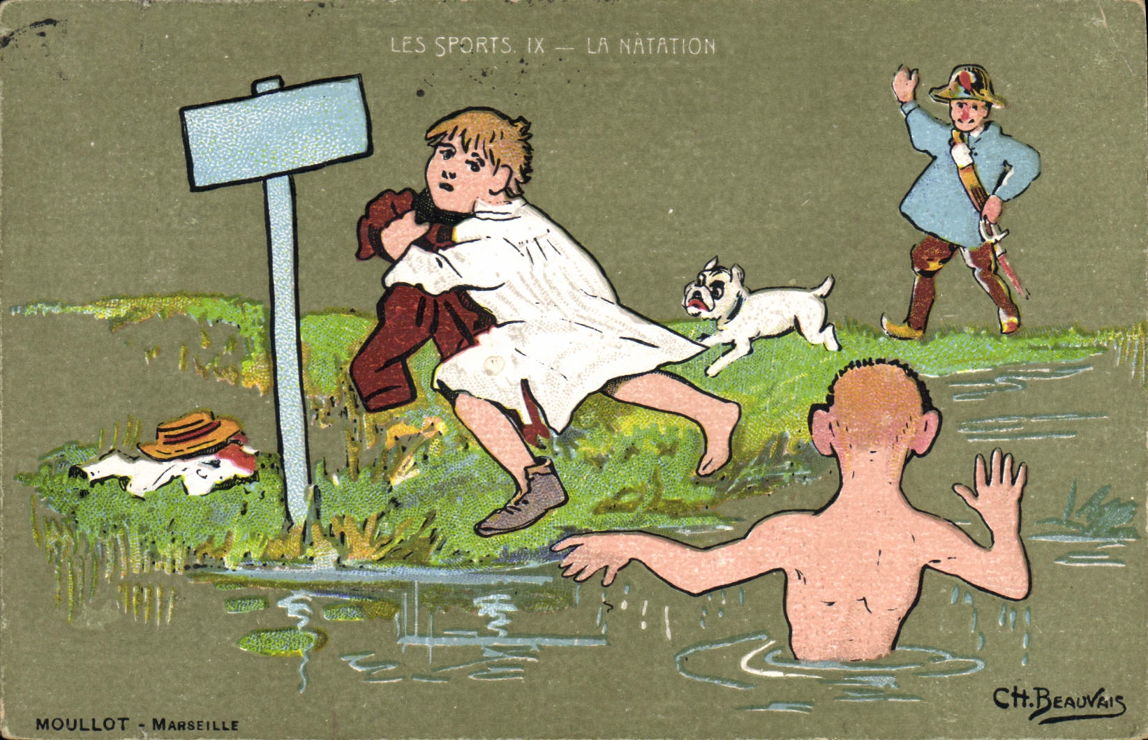 VINTAGE POSTCARD swimming Illustrator Beauvais Dog