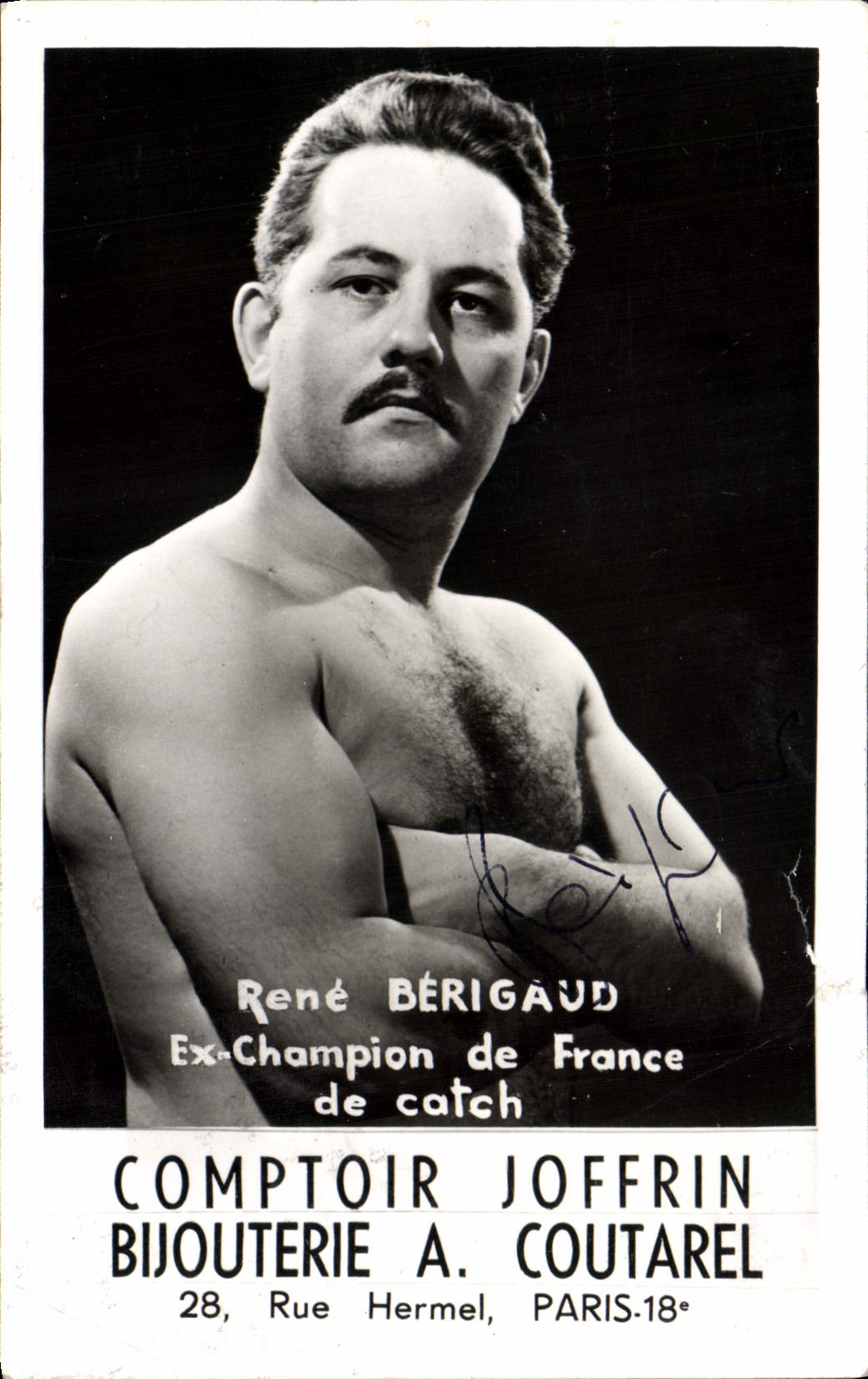 VINTAGE POSTCARD Rene Berigaud Champion of France of Wrestling Counter Joffrin Jewelry Coutarel Street Hermel Paris Dedicated