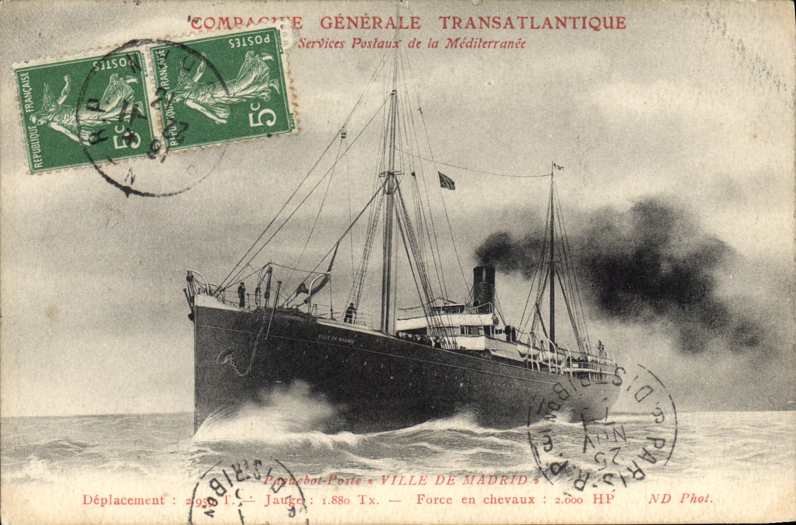 VINTAGE POSTCARD Bateau Steamer Posts Town of Madrid