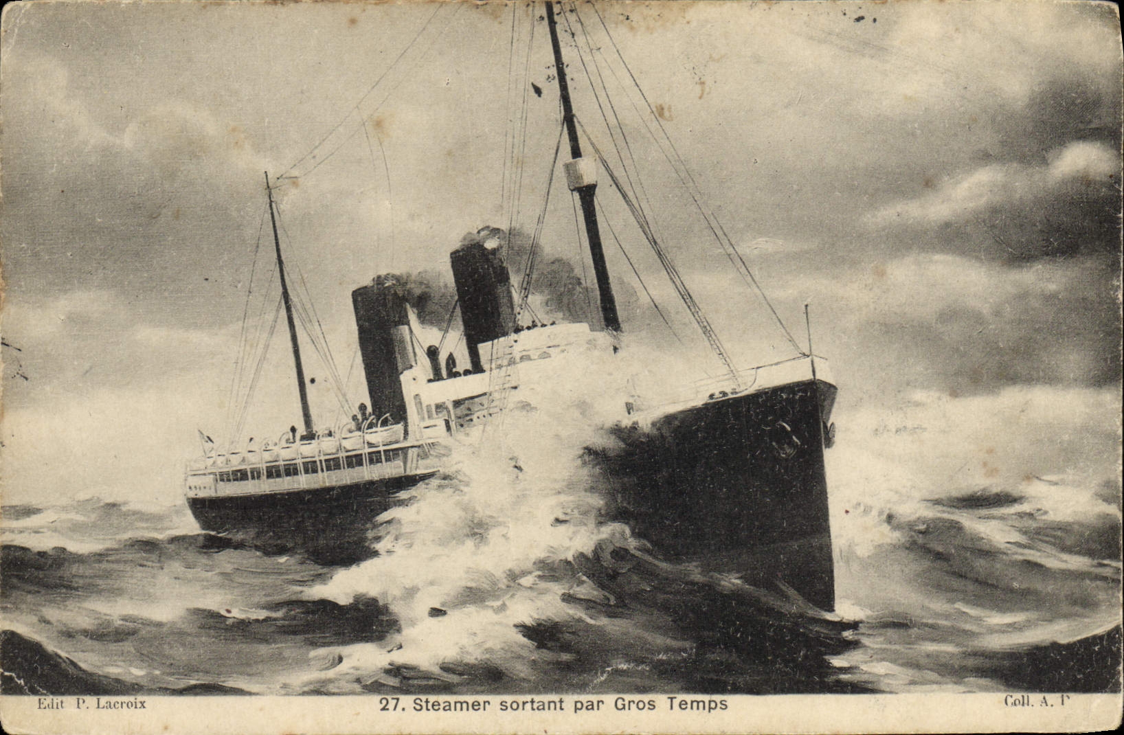 VINTAGE POSTCARD outgoing Steamer Boat by heavy weather