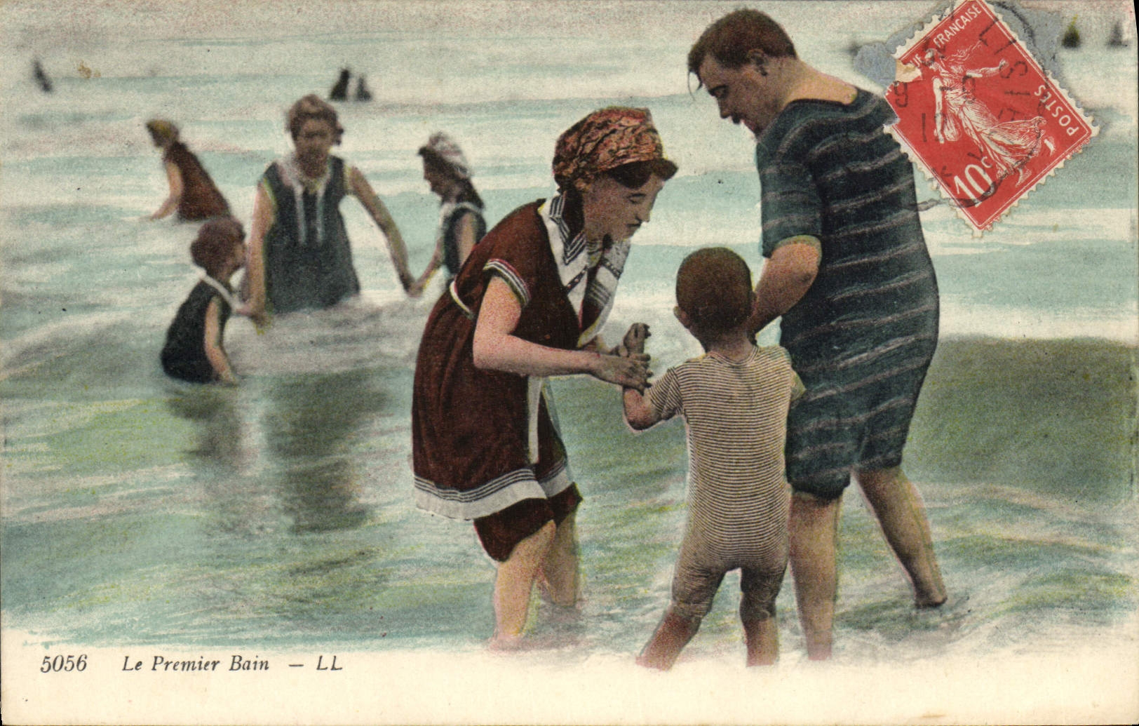 VINTAGE POSTCARD Woman Bathing suit the first Bath Child