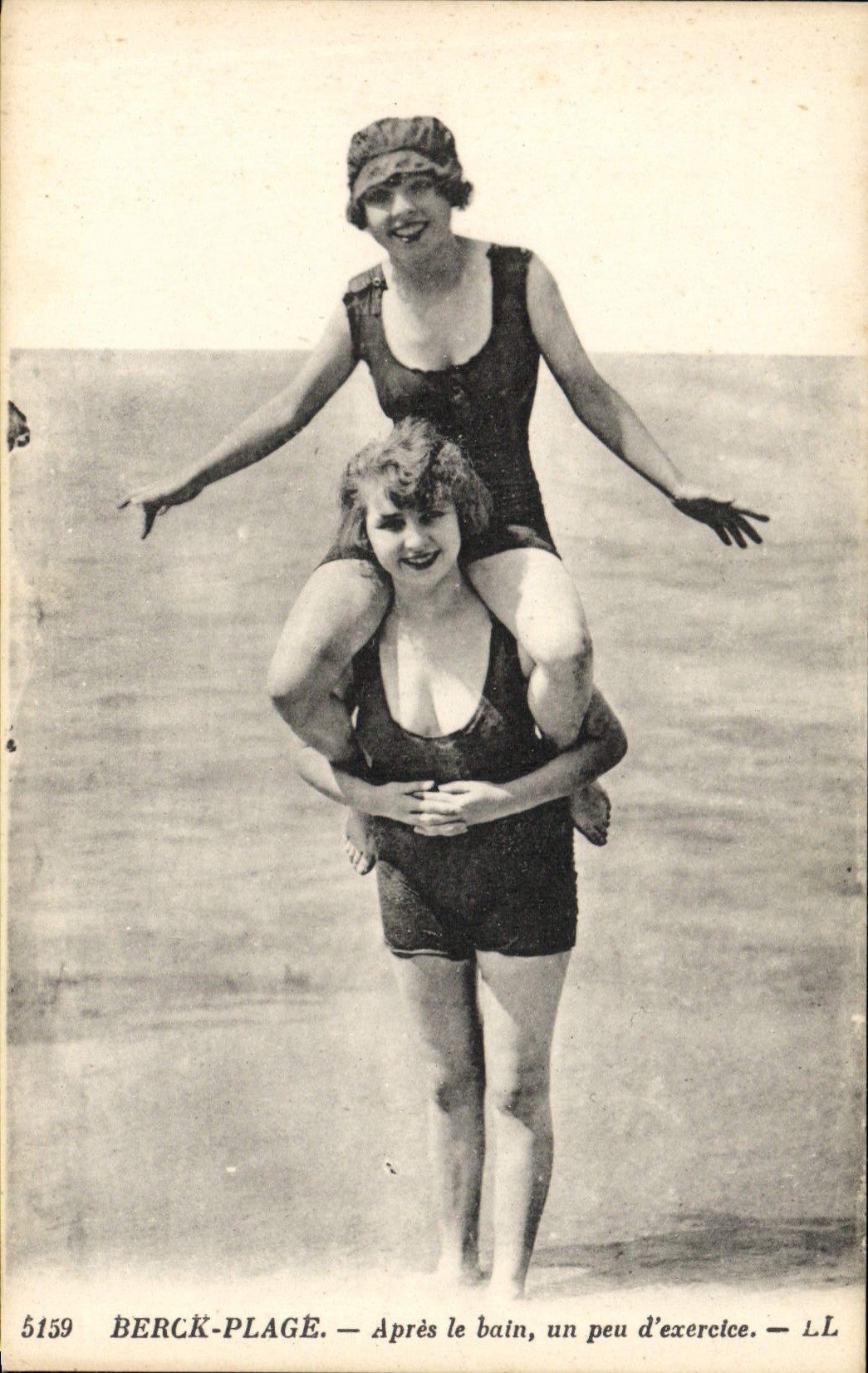 VINTAGE POSTCARD Woman Bathing suit Berck Beach After the bath a little exercise