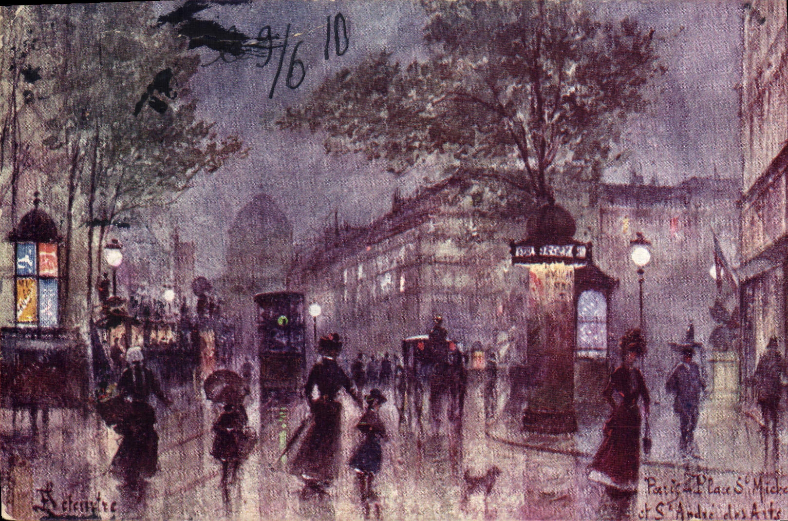 VINTAGE POSTCARD Fantaisie Paris Illustrator Places St Michel and St Andre of Arts