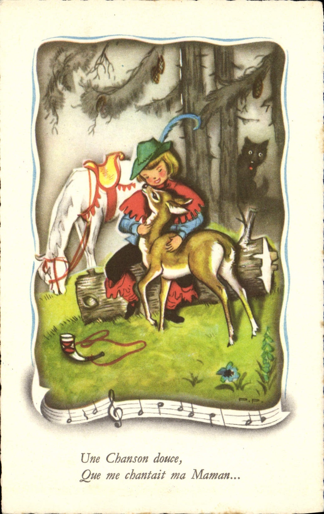 CPA Fantaisie Illustrateur Enfant Biche Loup Cheval