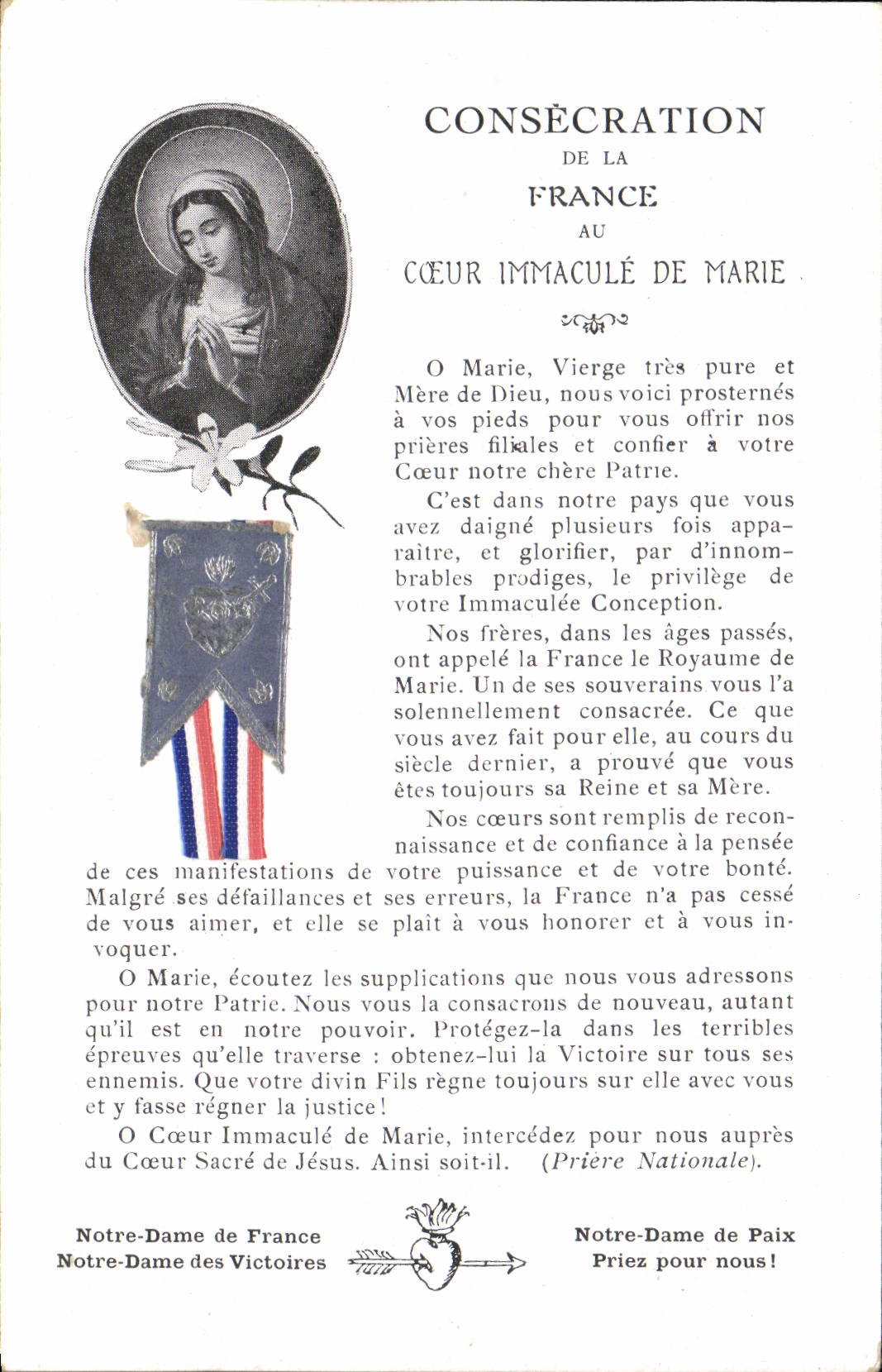 VINTAGE POSTCARD Dedication of immaculate France Heart of Marie