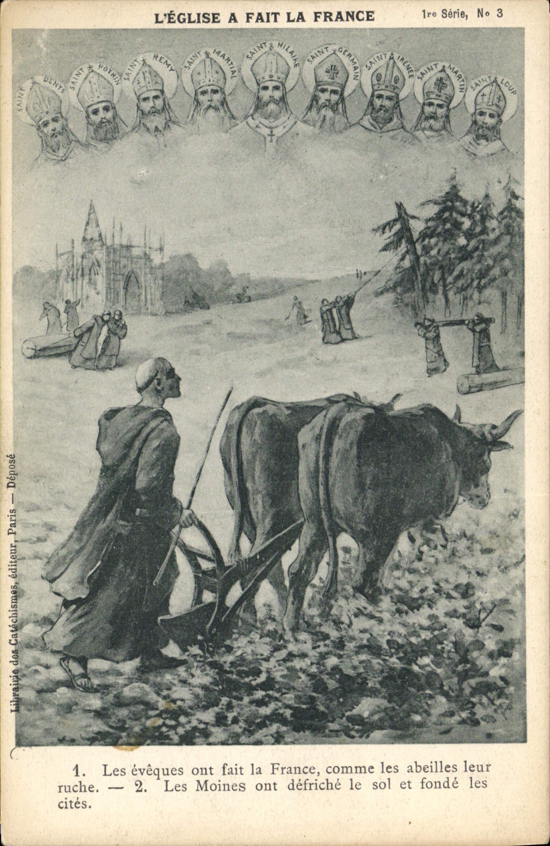 VINTAGE POSTCARD the church made France Oxen Coach