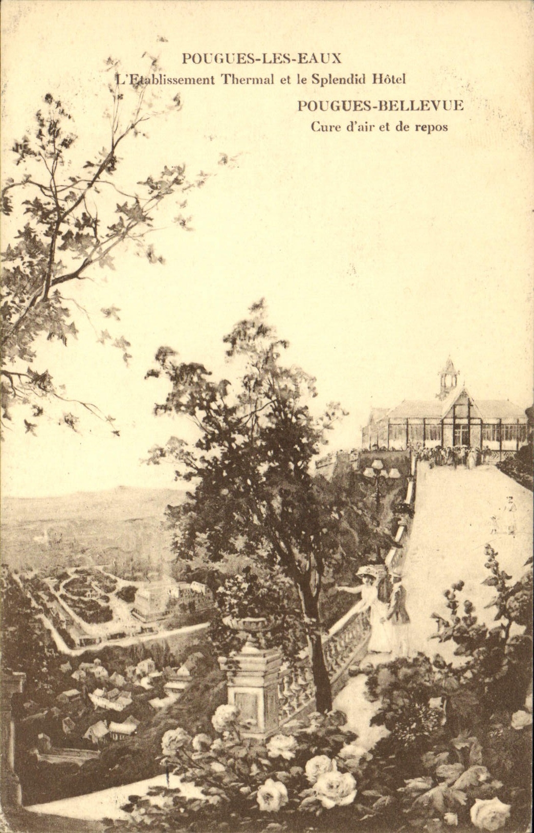 VINTAGE POSTCARD Pougues Hydrotherapy Water hydropathic establishment and Splendid Hotel