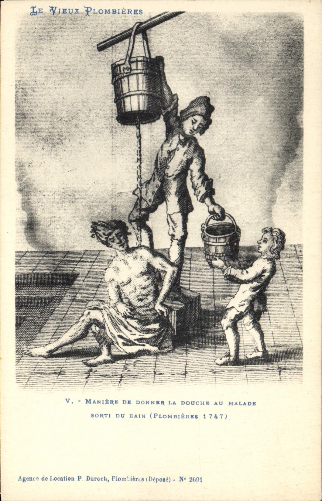 VINTAGE POSTCARD Hydrotherapy the old man Plombieres Manner of giving the shower to the patient left the bath