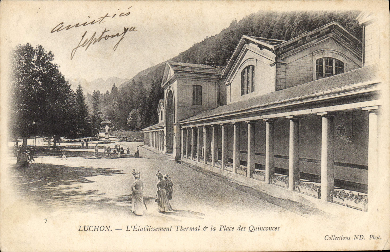 VINTAGE POSTCARD Hydrotherapy Luchon Hydropathic establishment and the place of Quincunxes