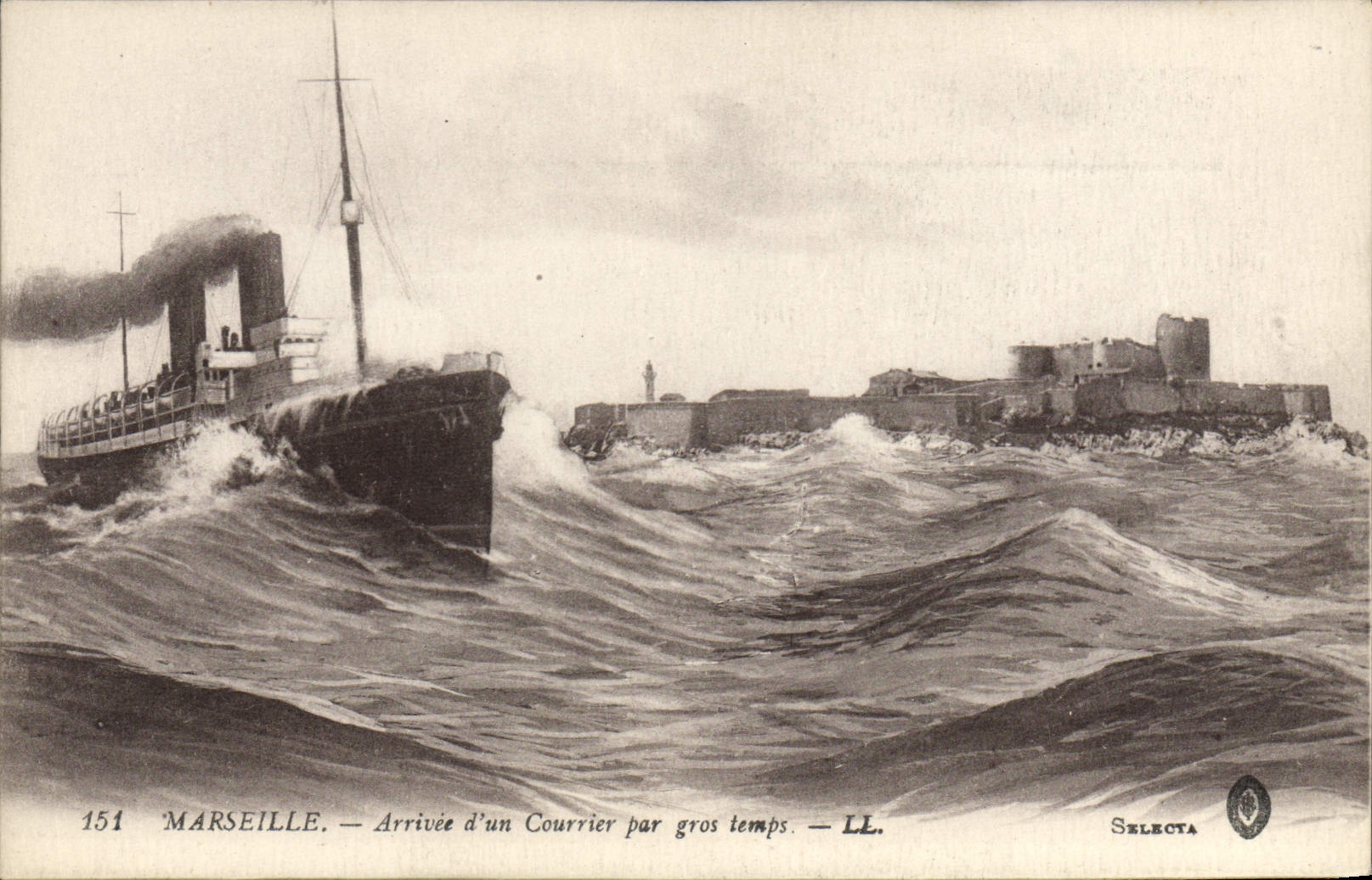 VINTAGE POSTCARD Boat Marseilles Steamer Arrived of a mail by heavy weather