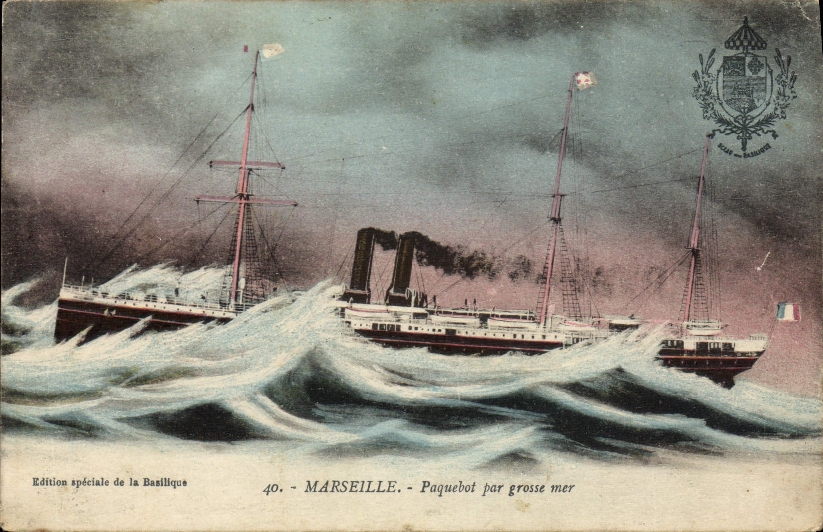 VINTAGE POSTCARD Boat Steamer by heavy sea Marseilles