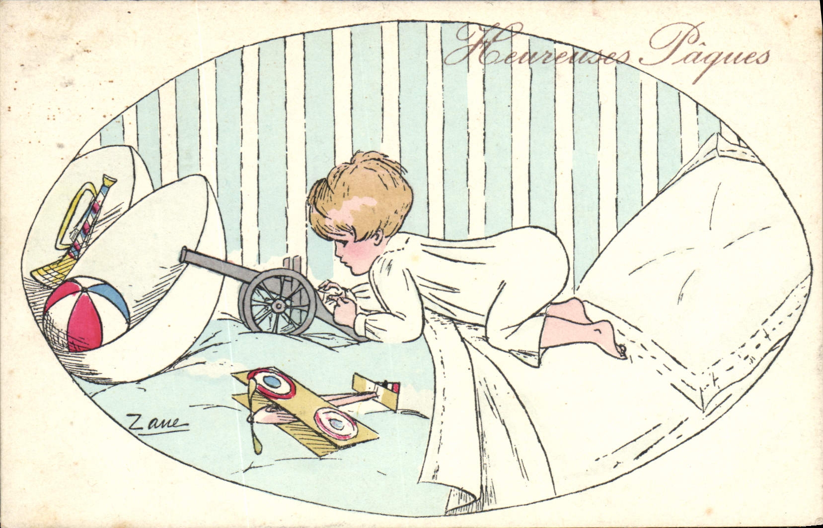 VINTAGE POSTCARD Fantasy Illustrator Child Easter Plane Canon Militaria