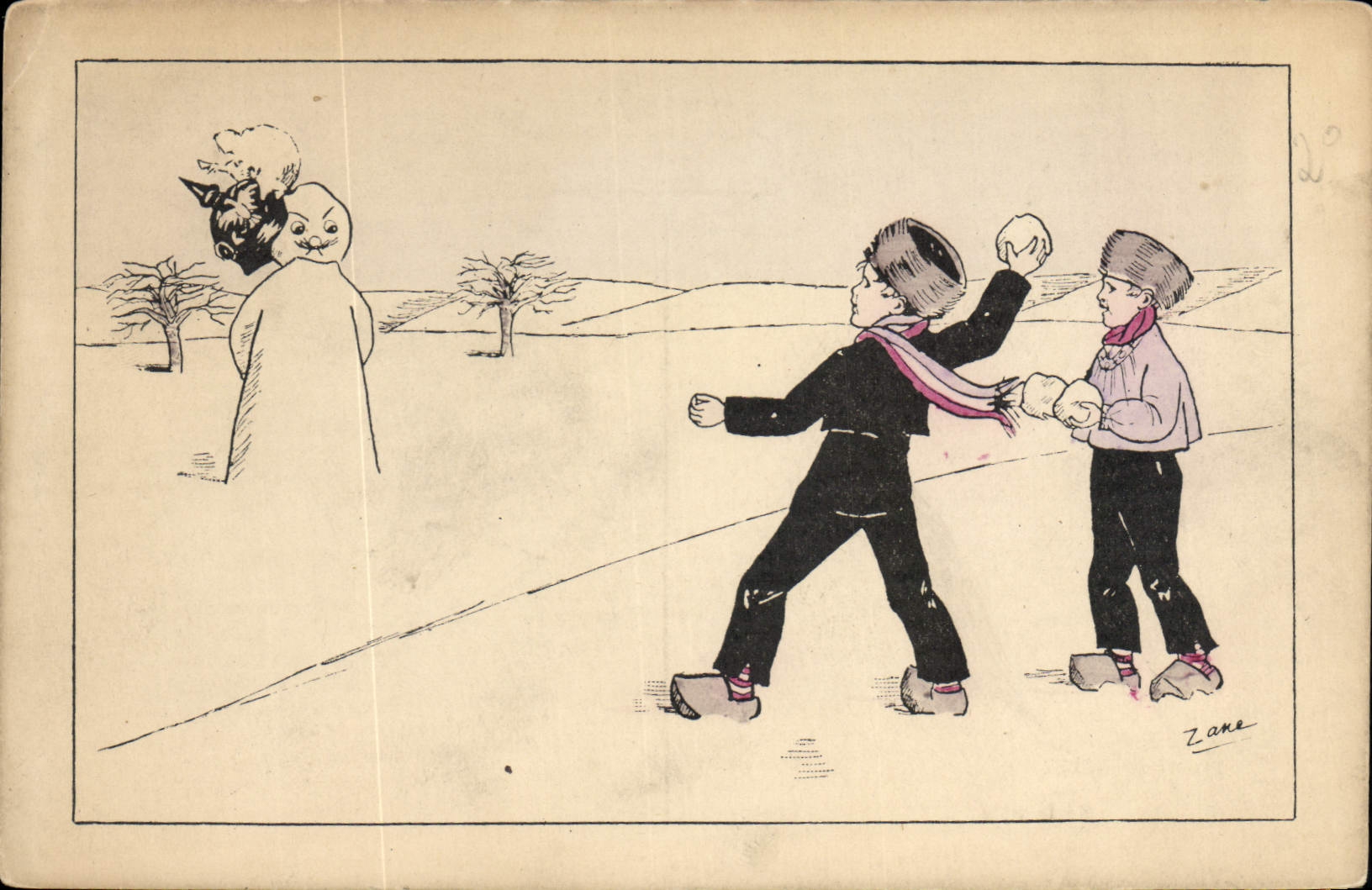 VINTAGE POSTCARD Fantaisie Illustrator Children Battles of snowballs