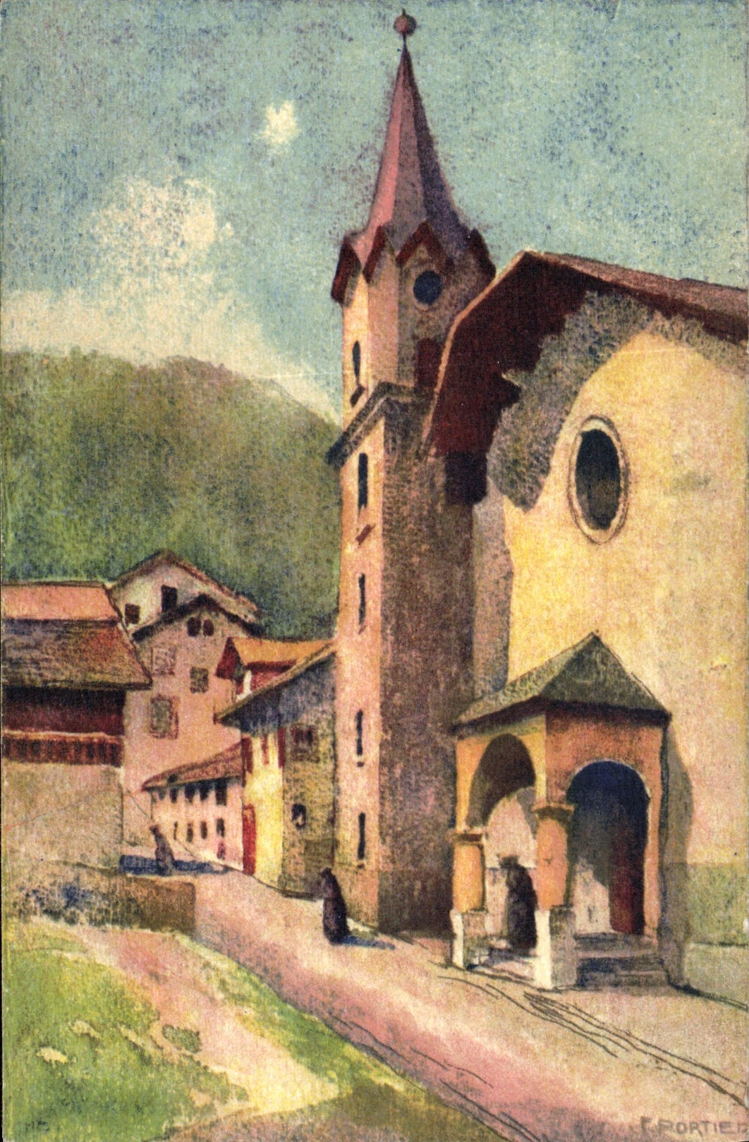CPA Fantaisie Illustrateur Village Eglise Portier