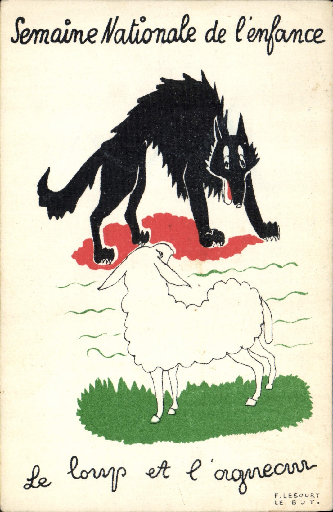VINTAGE POSTCARD national Week of childhood the wolf and the lamb