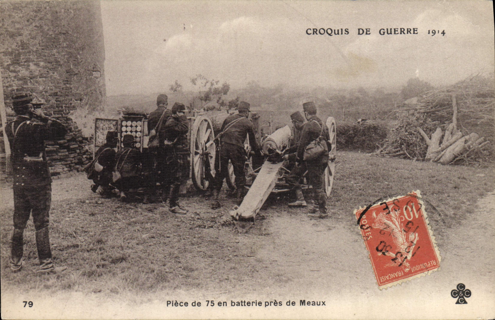 Pieza de Militaria de la POSTAL de la VENDIMIA de 75 fuera de la batería cerca de Meaux