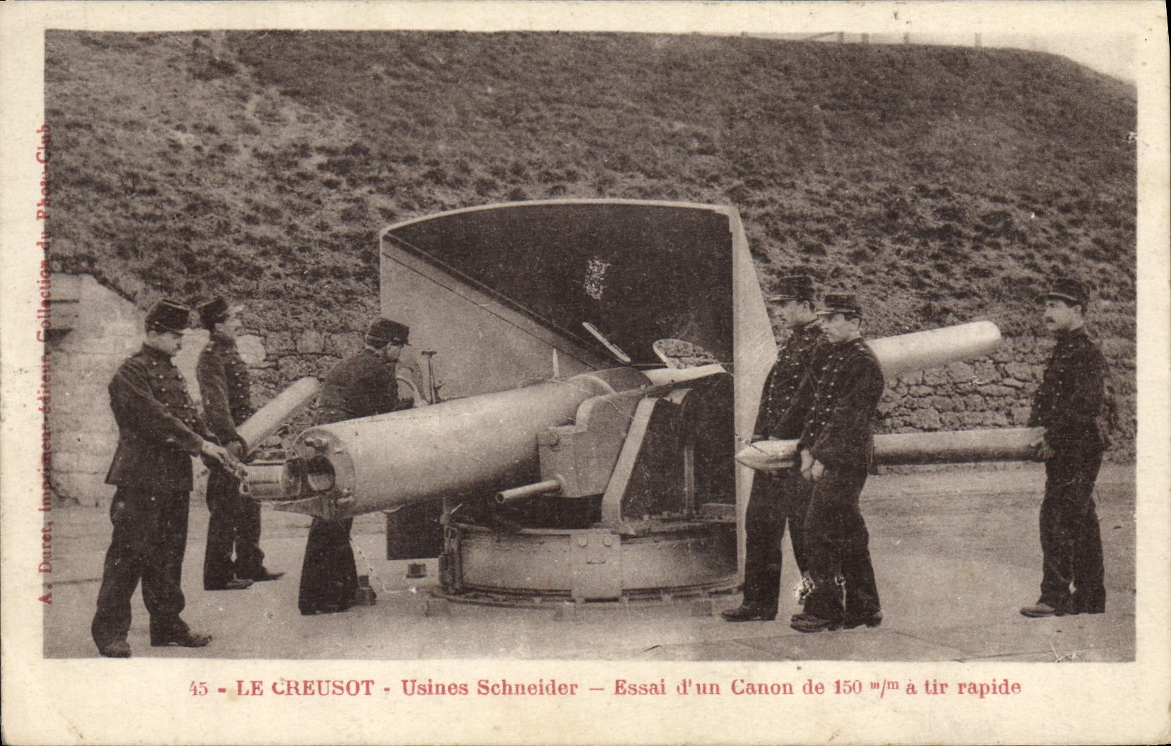 La POSTAL Militaria Creusot Usines Schneider Essai de la VENDIMIA de un arma de 150m m tiene shooting ayuna