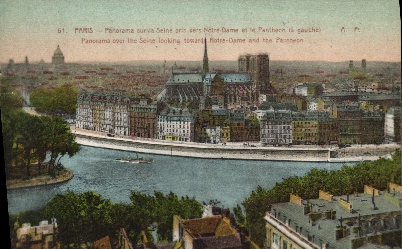 VINTAGE POSTCARD Paris Panorama On the Seine Taken towards Notre Dame and the Pantheon