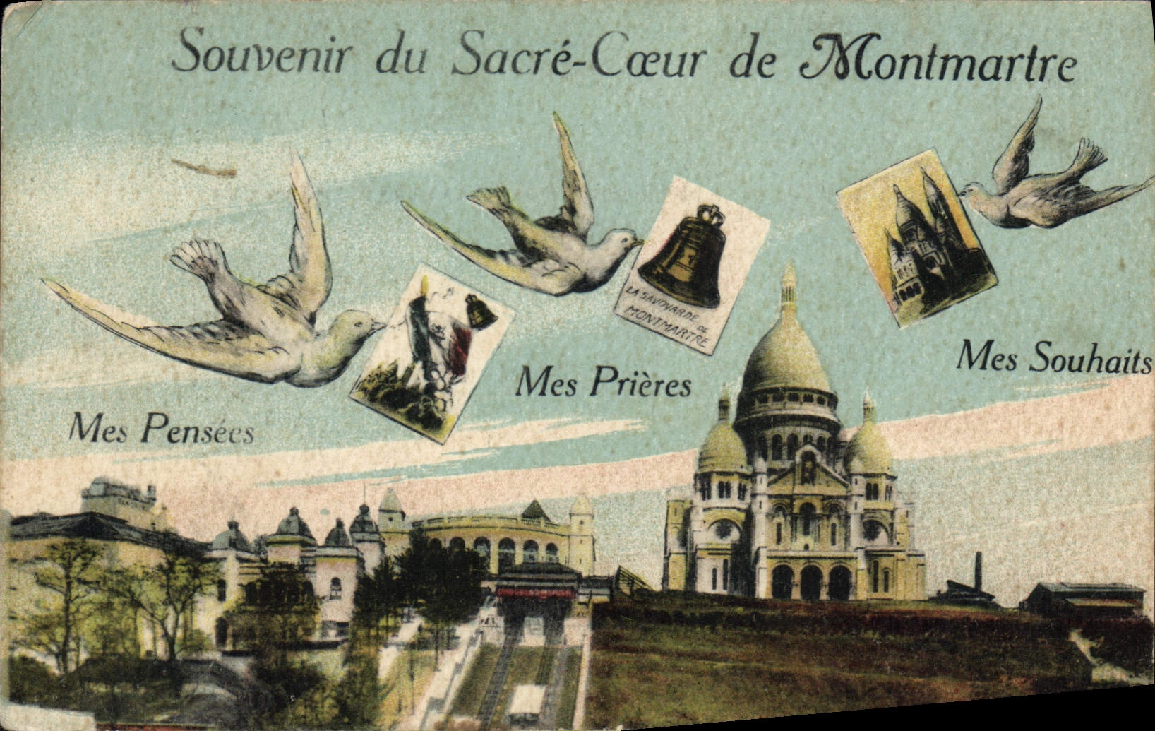 VINTAGE POSTCARD To remember Of the Sacring Heart De Montmartre Dove