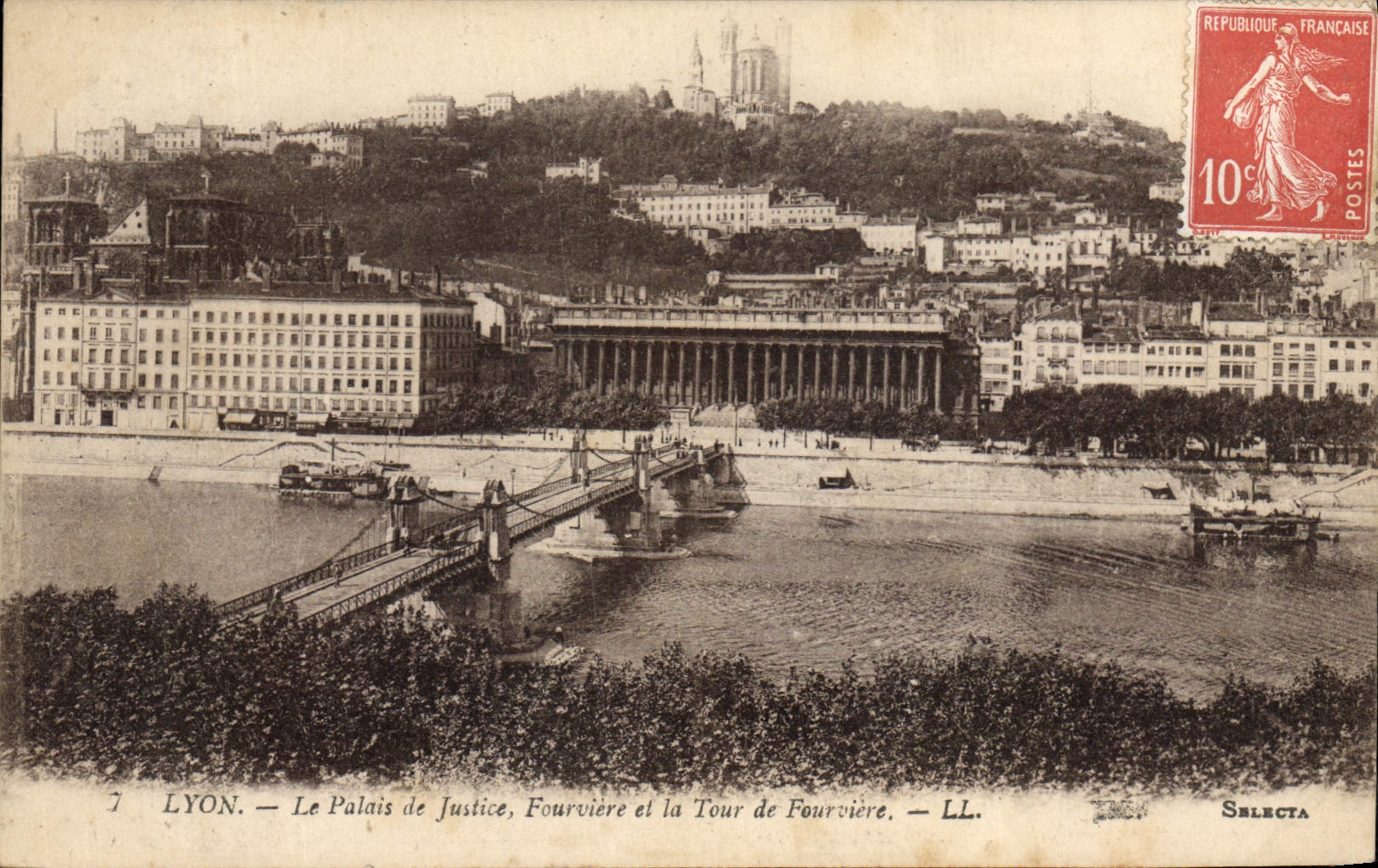 VINTAGE POSTCARD Lyon Law courts and the tower of Fourviere