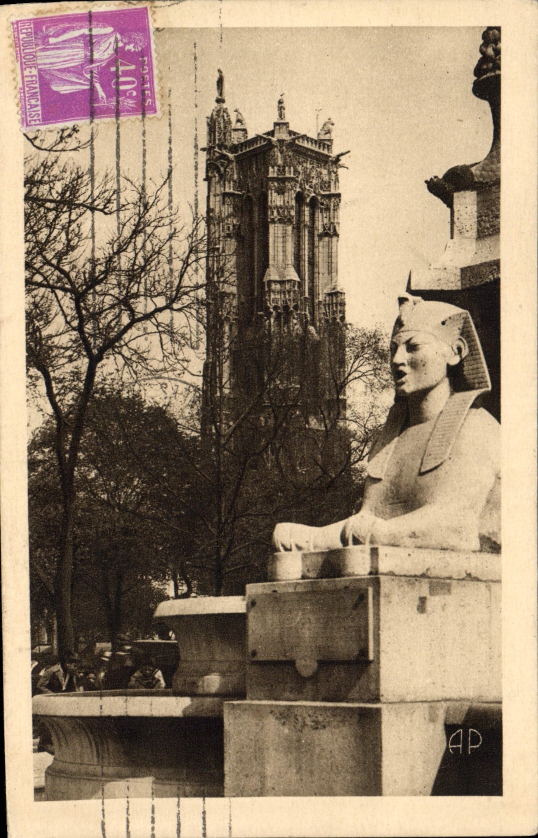 VINTAGE POSTCARD Paris the Tower Holy Jacques taken of the fountain places of Chatelet