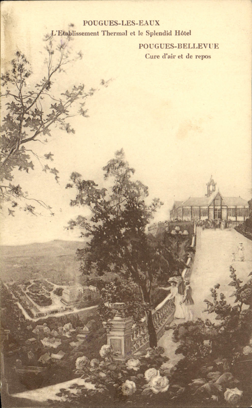 VINTAGE POSTCARD Pouges Hydrotherapy Water hydropathic establishment and Splendid Hotel