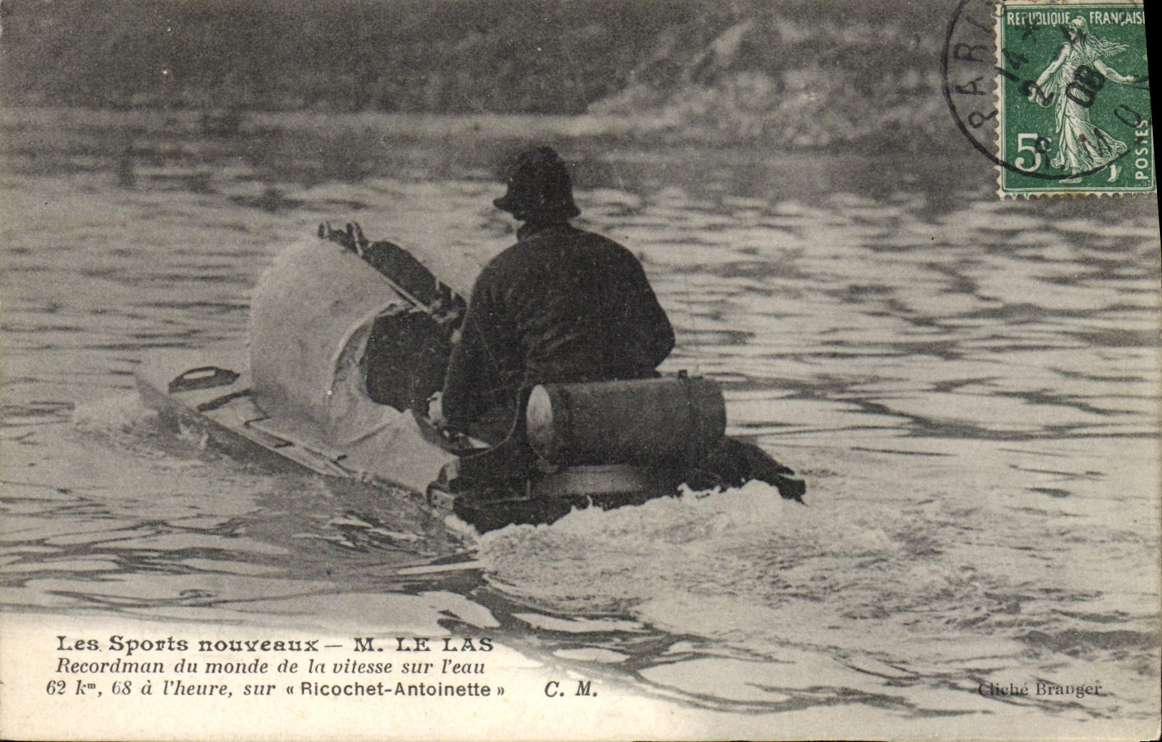 Sr. de la POSTAL de la VENDIMIA la siega Recordman de la velocidad del mundo en el agua en la TAPA de Antonieta del rebote