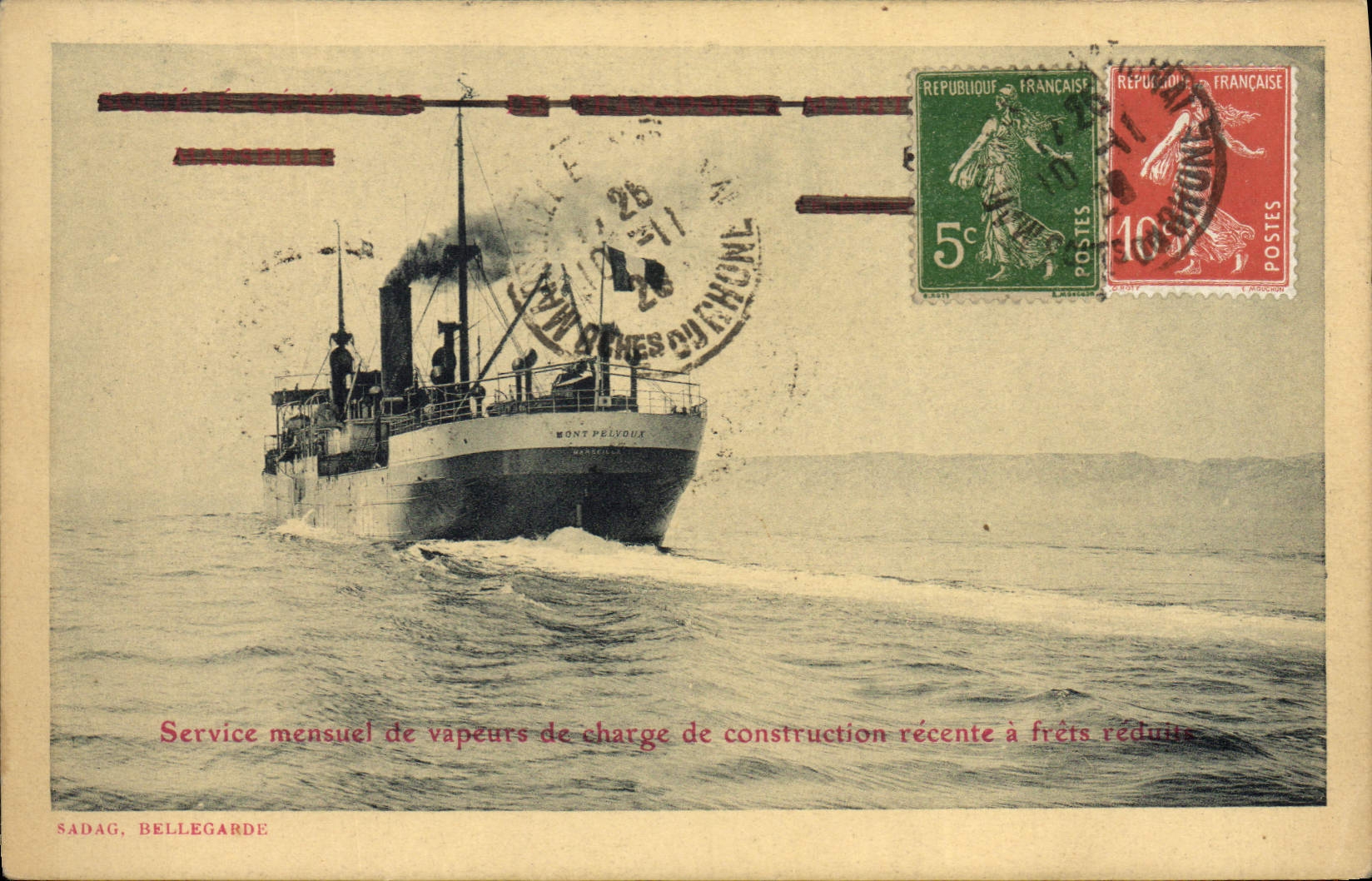 VINTAGE POSTCARD Boat Steamer monthly Service of vapor of load of recent construction Pelvoux Mount