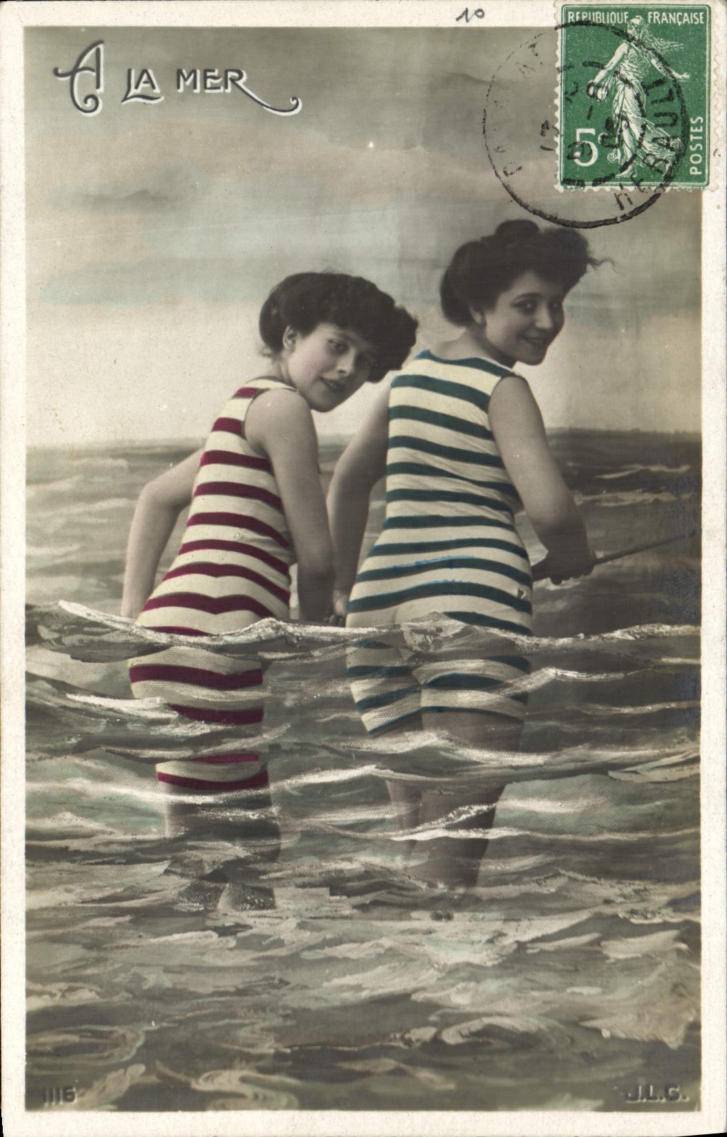 VINTAGE POSTCARD Women Bathing suit With the sea