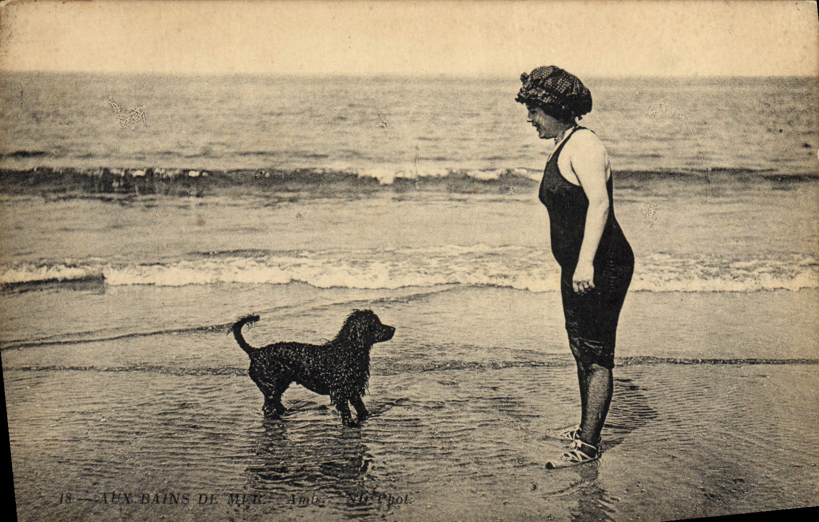 VINTAGE POSTCARD Woman Bathing suit Dog
