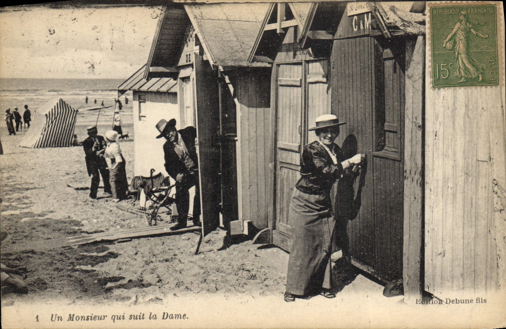 VINTAGE POSTCARD Woman Bathing suit a Mister who follows the lady