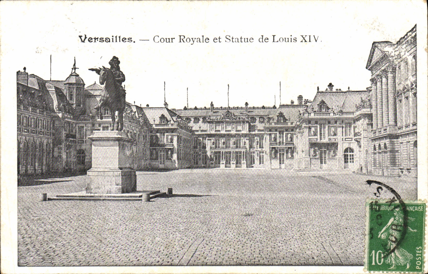 Corte real de Versalles de la POSTAL de la VENDIMIA y estatua de Louis XIV
