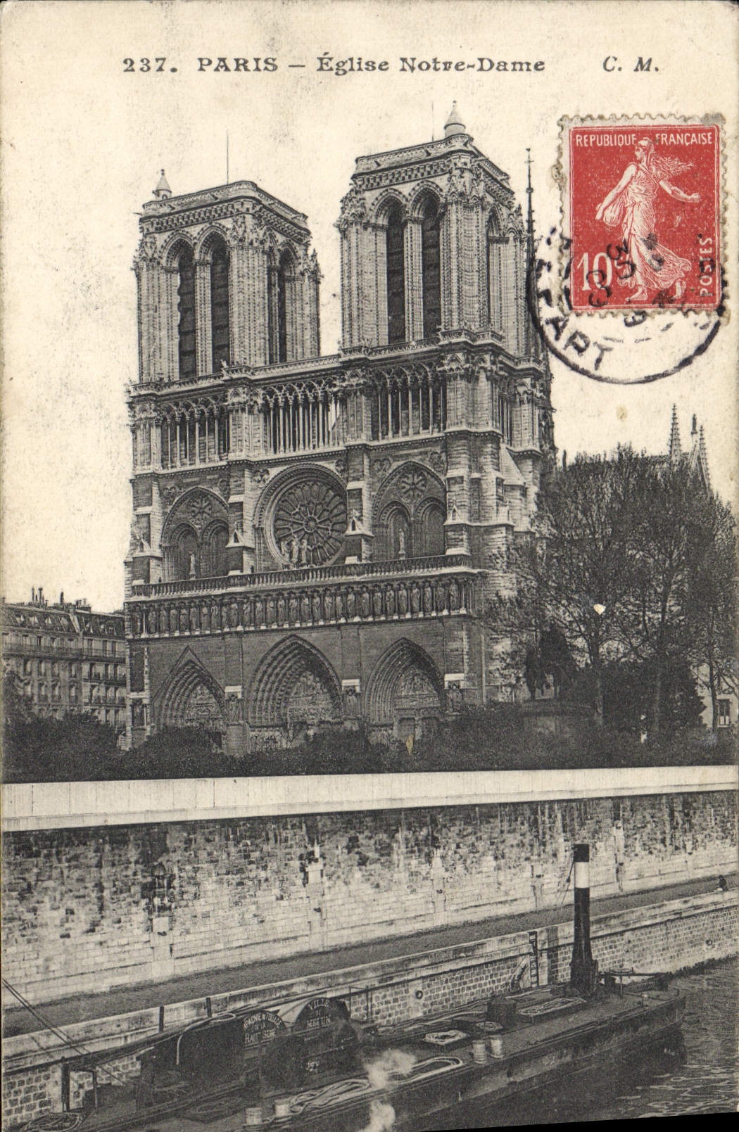 VINTAGE POSTCARD Paris Church Notre Dame Barge Boat