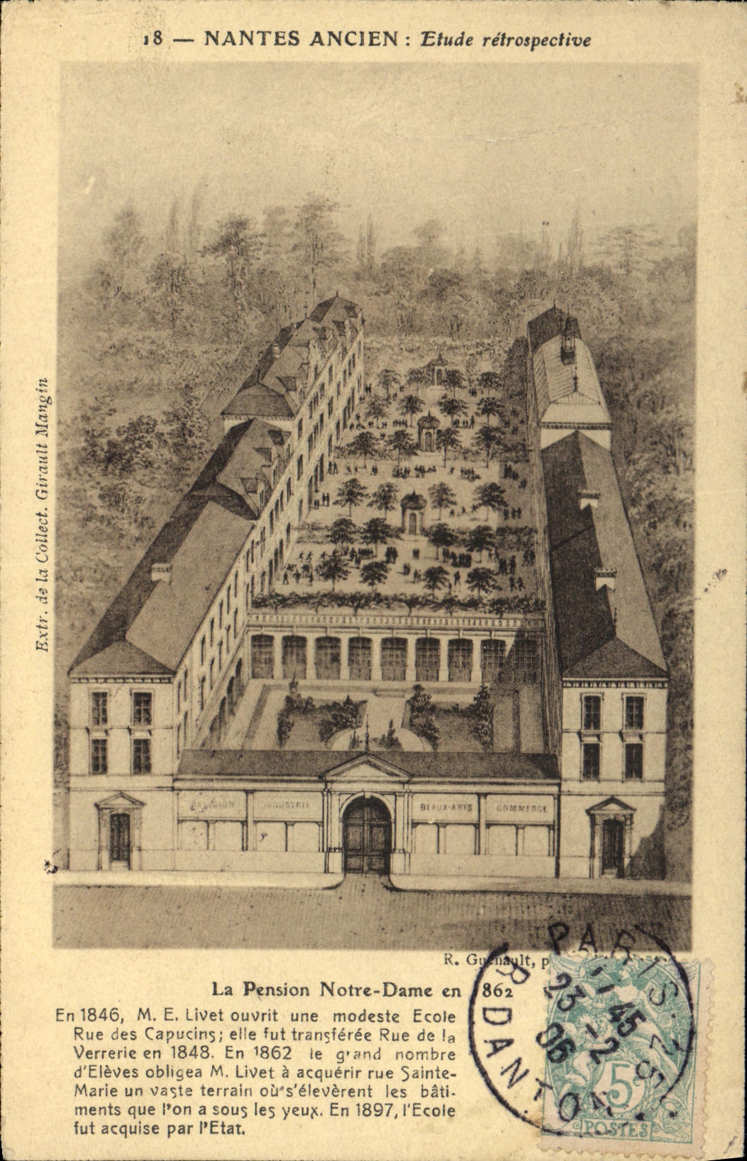 VINTAGE POSTCARD old Nantes the pension of Notre Dame in 1862