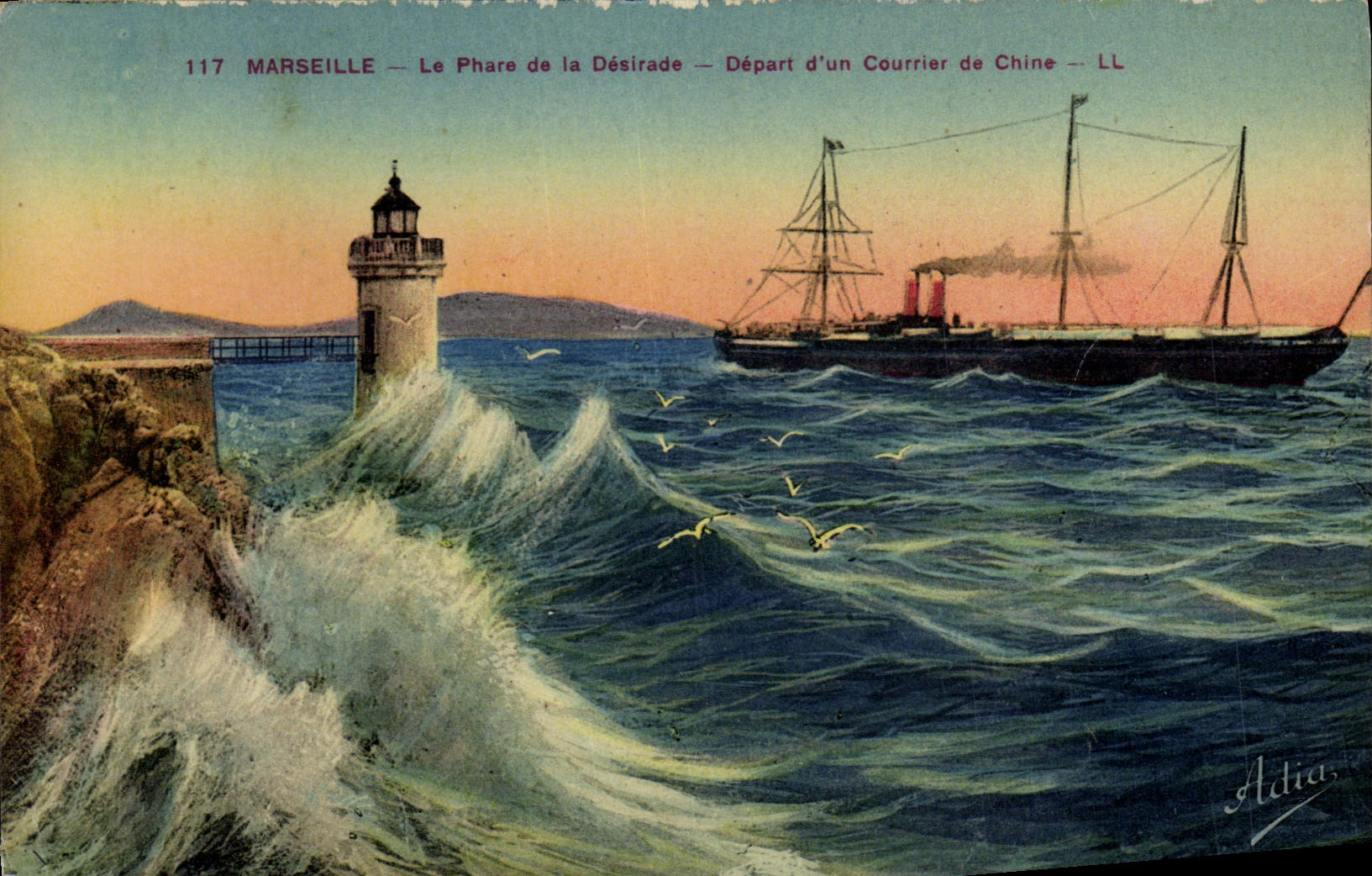 VINTAGE POSTCARD Marseilles Boat the headlight of Desirade Departure of a mail of China
