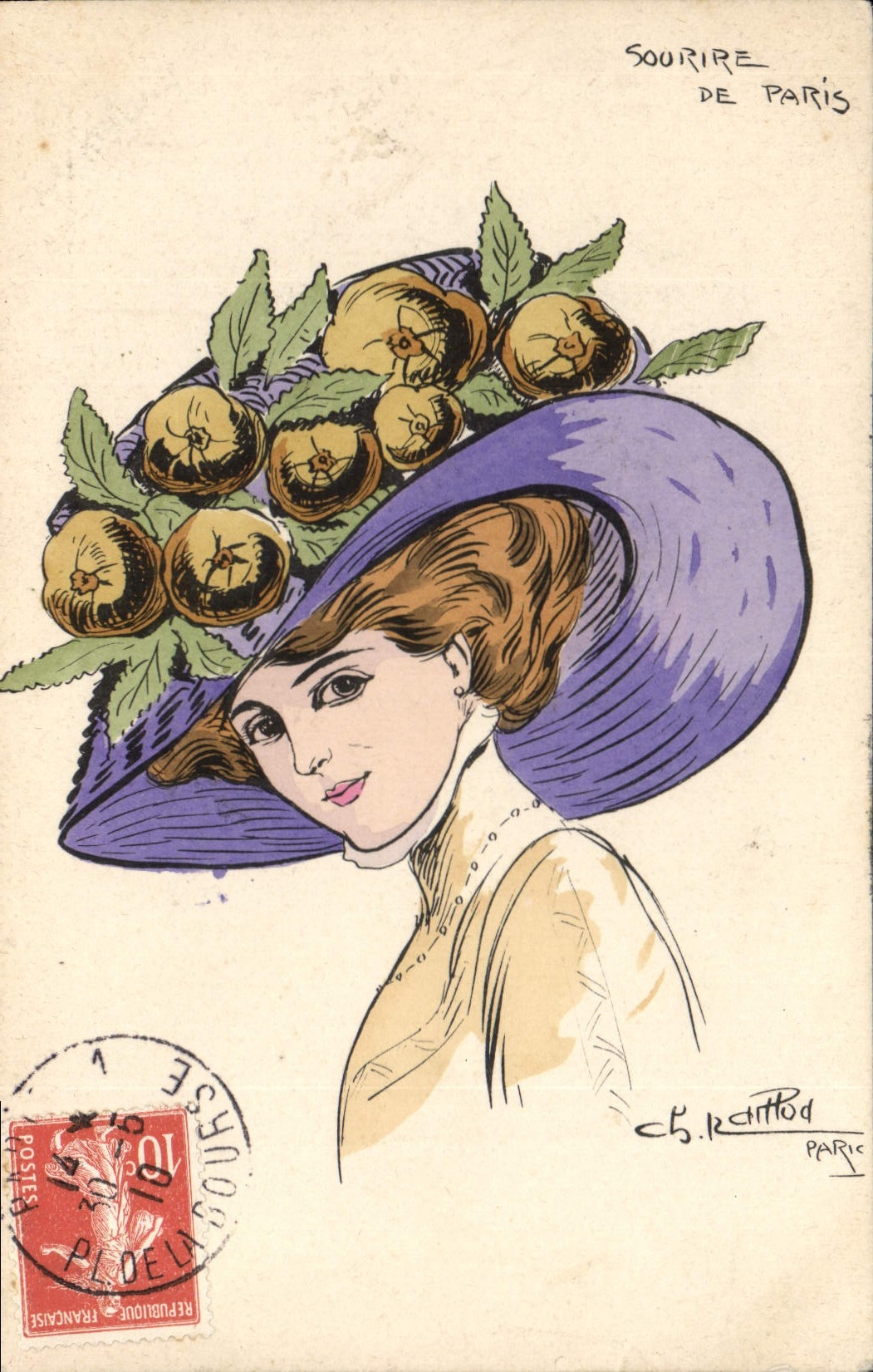 VINTAGE POSTCARD Fantasy Illustrator Woman Hat Smile of Paris