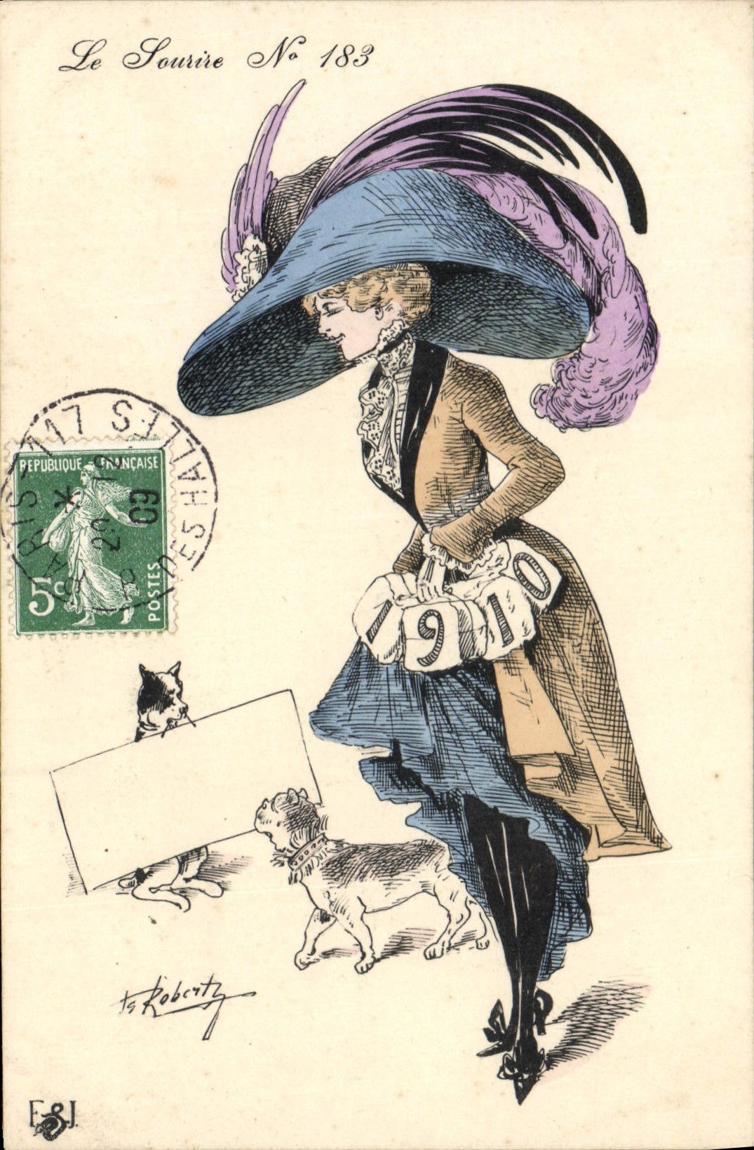 VINTAGE POSTCARD Fantasy Illustrator Roberty Woman Hat Dog
