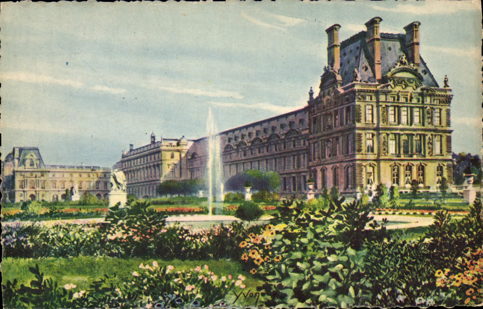 VINTAGE POSTCARD Paris Pavillon de Flore with the garden of Tileries